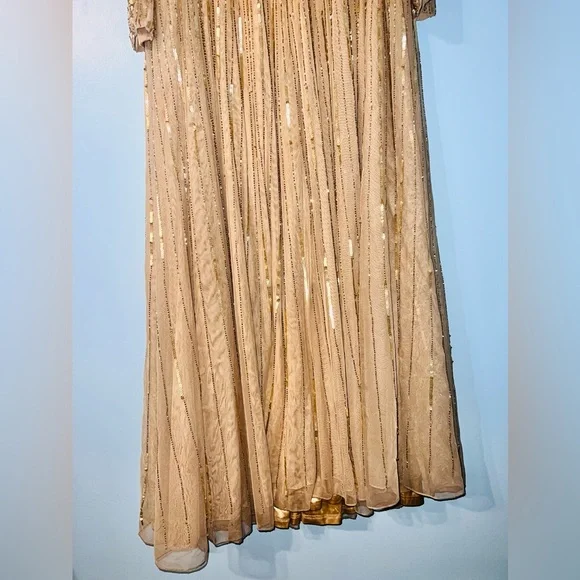 MAC DUGGAL Gold Sequined V Neck Illusion Sleeve A Line Gown Style # 4977 - Picture 4 of 4